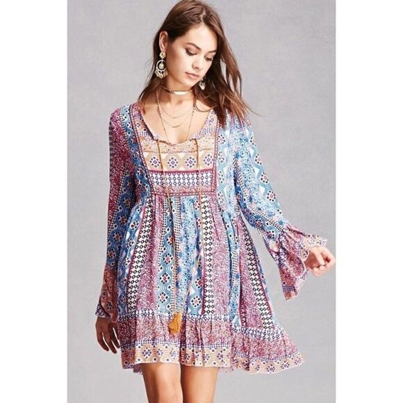 Velzera Bohemian Multicolor Front Tassel Tie Bell Flare Sleeve Mini Dress Small - Picture 1 of 6